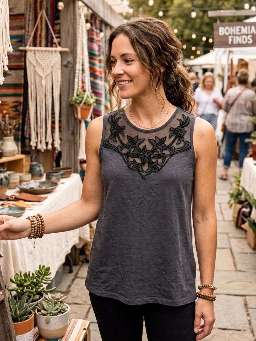 🖤 Lucky Brand Charcoal Gray Embroidered Mesh Yoke Tank